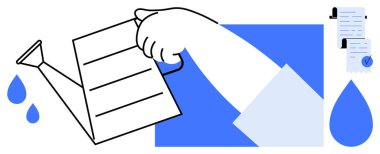 Bir el, kağıt bir belgeyi sulama kabıyla suluyor. Yetiştirme, büyüme, yasal bakım, sözleşme yönetimi ve belgelerin önemi gibi konular için idealdir. Basit vektör biçimi