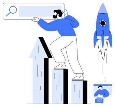 Roket fırlatılırken çubuğa tırmanan kişi arama çubuğu simgesini tutuyor. Para iade ikonu olan küçük bir imaj. Ticari büyüme, arama optimizasyonu, mali teşvikler, başlangıç başarısı, veri