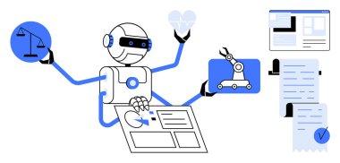 Birden fazla silahı olan bir robot farklı mesleklerden görevler yerine getiriyor. Örneğin bir kanun ölçeği, tıbbi kalp, imalat için robotik kol ve muhasebe için finansal belgeler. İdeal