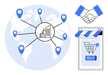Merkezi bir binaya bağlı birden fazla lokasyon iğnesi olan dünya haritası ortaklıklar için el sıkışma sembolü ve bir alışveriş arabasıyla çevrimiçi mağaza arayüzü. Küresel iş ve e-ticaret için ideal