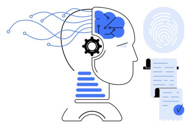 Üzerinde parmak izi ve işaret olan belgelerin yanında mavi beyin bağlantıları ve vitesleri olan bir insan kafasının yan profili. Teknoloji için ideal, yapay zeka, dijital kimlik, yenilik