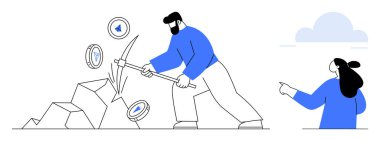 Kazmalı bir adam arka planda kadın işareti olarak kripto para sembollerini gösteren kayalara çarpıyor. Teknoloji, finans, kripto para birimi, engelleme zinciri, takım çalışması için ideal. Basit ve modern stil