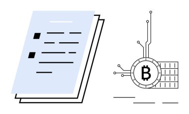 Devre çizgileriyle birleştirilmiş Bitcoin sembolünün yanında bir belge yığını. Engelleme zinciri, kripto para birimleri, dijital finans, teknolojik yenilik, veri yönetimi için ideal. Basit temiz biçim