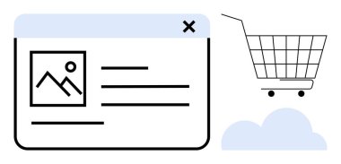 Ürün detaylarıyla çevrimiçi alışveriş arayüzü bir resim, metin ve bir alışveriş arabası sembolü sergiliyor. Dijital satışlar, ekommerce platformları, çevrimiçi perakende satış, web tasarımı ve UI UX için ideal