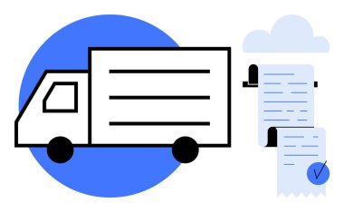 Faturaları ve işaretleri olan bir bulut arkaplanının yanında teslimat kamyonu nakliye, lojistik ve dijital kayıtları sembolize ediyor. E-ticaret, ulaşım, dağıtım hizmetleri, tedarik için ideal