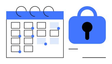 Mavi noktalı bir takvim ve mavi bir kilit. Zaman yönetimi, programlama, veri güvenliği, gizlilik farkındalığı, planlama ve organizasyonel araçlar için idealdir. Basit, temiz, modern tarz.