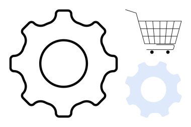 İki vites grafiği ve minimalist tarzda bir alışveriş arabası sembolü. Temalar için ideal e-ticaret otomasyonu, çevrimiçi alışveriş, teknoloji, iş verimliliği, dijital pazarlama