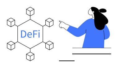 Diagram with labeled central block connected to others surrounding person pointing. Ideal for blockchain, finance, education, technology, and investment themes. Modern minimalist style clipart