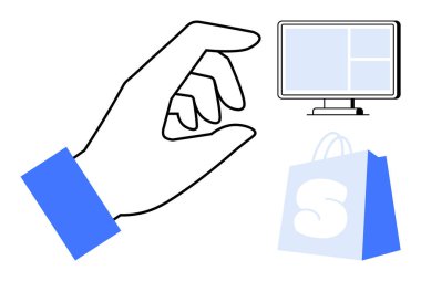 El, bilgisayar ekranı ve alışveriş çantasıyla çimdiklenmiş gibi konumlandırılmış. Çevrimiçi alışveriş, e-ticaret, dijital pazarlama, kullanıcı arayüzü tasarımı ve perakende teknolojisi için ideal. Özet
