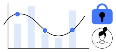 Güvenlik kilidi ve kişi simgesi olan çizgi ve çizgi grafiği. Veri analizi, gizlilik, siber güvenlik, istatistik ve iş stratejisi için ideal. Temiz ve modern tarzda. Mavi ve beyaz renkler kullanılır