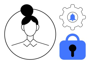 Basitleştirilmiş stil, çan bildirim simgesi ve mavi kilit sembolü olan bir dişli eşliğinde bir dairede bir kadın profili silueti gösterir. Kullanıcı gizliliği, hesap koruması, bildirimler için ideal