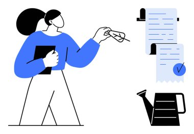 Not defterini tutan kişi listedeki bir maddeyi işaretler. Üretkenlik planlaması için ideal bir zaman yönetimi hedefi günlük görevler ve hatırlatıcılar belirlemek. Mavi siyah beyaz içinde basit minimalist vektör sanatı