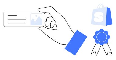 Bir el kartvizit tutarken, bir alışveriş çantası ve bir kurdele rozeti görünür. İş, alışveriş, e-ticaret, pazarlama ve ödüller için ideal. Basit renklerle temiz ve vektör biçimi