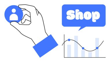 El ele tutuşan kullanıcı profili, konuşma balonlu dükkan işareti ve veri noktalı grafik bu vektördeki elementleri içeriyor, e-ticaret, dijital pazarlama, müşteri analizi, iş analitiği için ideal