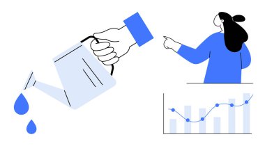 Sulama kutusundan su döken bir el. Sağ tarafında yükselen parmaklıklar olan bir tabloyu işaret eden kişi. Ticari büyüme, yatırım, analitik, mali planlama ve yönetim için ideal