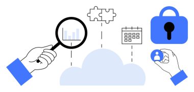 Ellerinde bir büyüteç, bir yapboz parçası ve bulut grafiği ve güvenlik kilidi etrafında bir kullanıcı simgesi var. Bulut hesaplama, veri güvenliği, analitik, takım çalışması, proje yönetimi için ideal. Düz