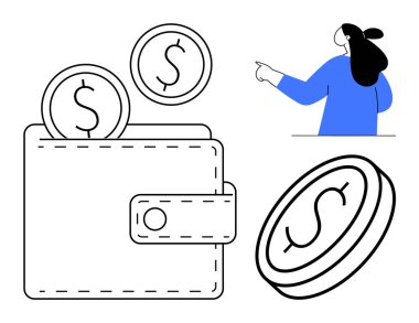 Bozuk paralı cüzdan para yönetimini simgeler. Mavi noktalı kadın cüzdana doğru gidiyor. Finans, bütçe, tasarruf, yatırım ve ekonomik eğitim için ideal. Minimalist çizgiler, vektör grafiği, modern