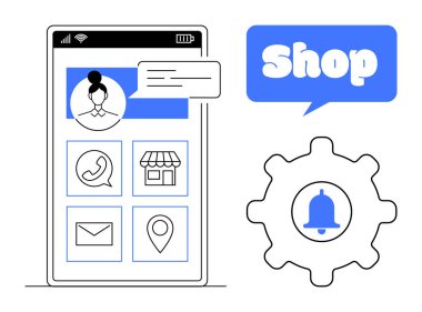 Kullanıcı profili fotoğrafı ve mesaj bildirim simgelerini gösteren alışveriş uygulaması arayüzü olan akıllı telefon. Alışveriş arabası, harita broşu, mağaza, telefon ve zili olan mesaj simgelerini içerir. İdeal