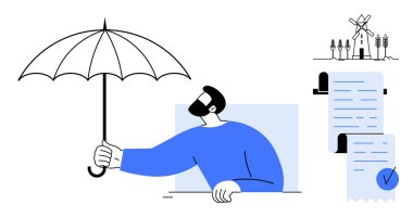 Şemsiye tutan bir adam, korumayı sembolize ediyor. Geçmişinde yasal belgeler ve yel değirmenleri var. Yasal güvenlik sigortası sözleşmeleri için ideal yenilenebilir enerji koruma finansmanı basitliği
