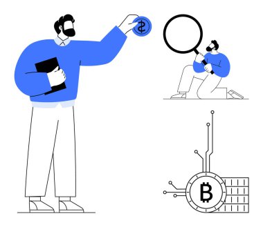 Bir elinde bir dolar, diğer elinde bir kitap tutan bir adam. Büyüteçli başka bir figür elektronik devreli dijital bir bitcoin 'i analiz ediyor. Finans, kripto para birimi ve yatırım için ideal