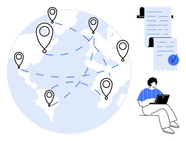 Konum işaretleri olan bir harita dünya çapındaki bağlantıyı temsil ediyor. Bilgisayarı ve çevrimiçi belgeleri olan bir kişi uzaktan çalışma ve dijital belge anlamına gelir. Küreselleşme, teknoloji ve uzaktan kumanda için ideal