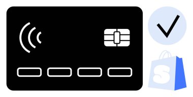 Vector of a black contactless payment card with a chip, a checkmark, and a shopping bag with S icon. Ideal for online shopping, digital transactions, security, e-commerce, and fintech clipart