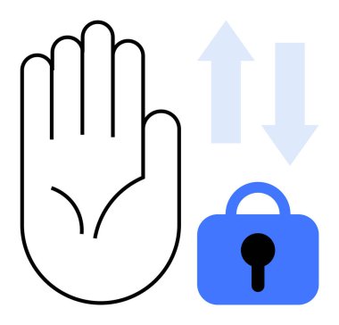 Avuç içleri asma kilit ve yukarı doğru oklarla çevrili. Güvenlik, erişim kontrolü, giriş izinleri, biyometrik kimlik doğrulama ve gizlilik koruması için ideal. Basit asgari