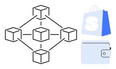 Birbirine bağlı blokları, alışveriş poşeti ikonu ve dijital cüzdan ikonu olan bir engelleme ağı. Kripto para ödemeleri, çevrimiçi alışveriş, dijital işlemler, güvenli ödemeler için ideal