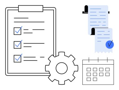 Kontrol listesi, teçhizat, takvim ve işaretli bir belge olan bir pano. Üretkenlik, görev yönetimi, organizasyon, programlama, iş akışı optimizasyonu için ideal. Basit temiz tasarım