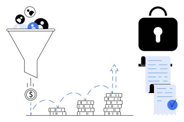 Grafik, pazarlama hunisinin seyirciyi paraya çevirdiğini gösteriyor. Gelir artışını temsil eden madeni paralar, mavi işaretli belgeler ve asma kilit. Pazarlama, iş büyümesi, veri güvenliği ve satışlar için ideal