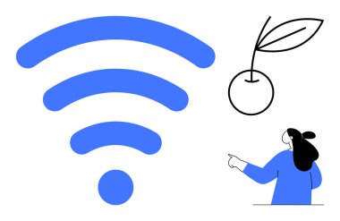 Büyük mavi kablosuz bir sembol ve yapraklı bir kirazı işaret eden biri. İnternet bağlantısı, iletişim, teknoloji, sağlıklı yaşam tarzı ve modern yaşam gibi konular için idealdir. Minimalist
