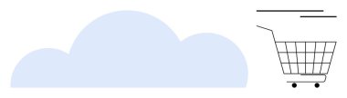 Alışveriş arabasının yanında bulut. Bulut bilgisayarı, online alışveriş, e-ticaret, dijital teknoloji, yenilik temaları için ideal. Teknolojinin ticarete kusursuz uyum sağladığını gösteriyor. Modern minimal biçim