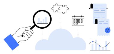 Elinde büyüteç, verileri inceliyor. Yapboz parçası, bulut, takvim, makbuzlar, işaretli belge ve grafik içerir. Veri analizi, bulut hizmetleri, zaman yönetimi ve finans için ideal