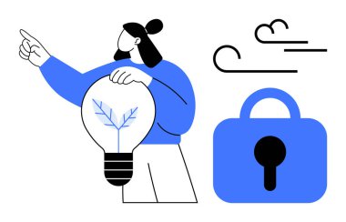 Elinde bir ampul tutan ve arka planda bir kilit ve rüzgar ikonu olan biri. Güvenlik yeniliği, fikir koruması, yaratıcı düşünce, gelecek planlama, güvenlik için ideal. Düz tasarım