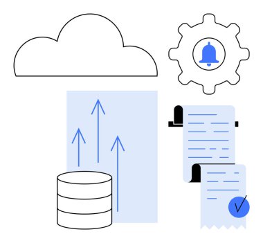 Basit vektör bulut, veri tabanı, oklu çizelge, zilli dişli dişli ve işaretli belgeler gösterir. Bulut depolama, veri yönetimi, sistem entegrasyonu, bildirimler, analitikler için ideal. Basit.