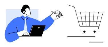 Boş bir alışveriş arabasının yanında elinde kalemle dizüstü bilgisayarda çalışan biri. Elektronik ticaret için ideal dijital pazarlama çevrimiçi uzaktan alışveriş verimliliği. Modern minimal tasarım