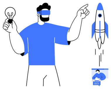 Sanal gerçeklik gözlüklü bir adam bir ampul tutuyor ve bir roketi işaret ediyor. Yenilik için ideal, teknoloji, sanal gerçeklik, girişimler, yaratıcılık. Minimalist, çizgi sanatı, çağdaş tarz.