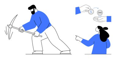 Harekete geçmek için kazma tutan bir adam. Bir madeni paranın üzerinde bir dolar işareti olan bir madeni parayı başka bir madeni paranın üzerinde tutan el. Olay yerine bakan kişi. Madencilik, kripto para birimi ve finans için ideal