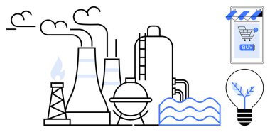 Sanayi fabrikası. Yanında online alışveriş sembolleri ve içinde ağaç olan bir ampul var. Sanayi, imalat, enerji kaynakları, e-ticaret, teknoloji, çevre için ideal
