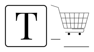 Meydanın içinde, minimalist bir alışveriş arabası siluetinin yanında büyük bir T harfi var. Çevrimiçi alışveriş, e-ticaret, perakende uygulamaları, kullanıcı arayüzleri ve grafik tasarımı için ideal. Basit özet biçimi