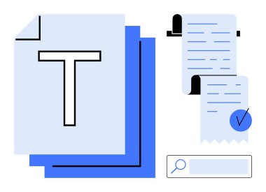 Büyük T 'li kağıtlar yığını, işaretli iki makbuz ve arama simgesi. Ofis organizasyonu, belgeler, kayıt tutma, muhasebe ve dijital arşiv için ideal. Modern minimalist stil