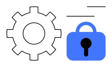 Bir vites ve üzerinde çizgiler olan mavi asma kilit. Teknoloji temalı tasarımlar, dijital güvenlik, siber güvenlik, yazılım geliştirme ve veri koruma içeriği için ideal. Beyaz ile basit vektör biçimi