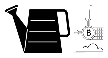 Devrelerle ve bulutla bağlantılı bir Bitcoin sembolünün yanında sulama kutusu. İş illüstrasyonları, dijital finans, fintech, kripto para birimi ve yatırım büyümesi için ideal. Minimalist vektör biçimi