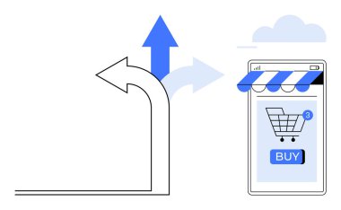 Bir alışveriş arabası ve e-ticareti temsil eden bir büyüme okuyla satın alma düğmesini gösteren bir cep telefonu. Çevrimiçi alışveriş, e-ticaret, dijital pazarlama, mobil ticaret, tüketici davranışı için ideal