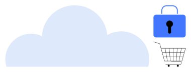 Mavi bulut, kapalı asma kilit ve alışveriş arabası bulut bilgisayarını, veri güvenliğini ve e-ticareti sembolize ediyor. Bulut hizmetleri, çevrimiçi alışveriş, siber güvenlik, veri koruması ve dijital ticaret için ideal