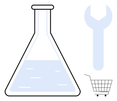 Açık mavi bir sıvı içeren bir laboratuvar şişesi açık mavi bir İngiliz anahtarı ve küçük gri bir alışveriş arabasının yanında yer almaktadır. Bilimsel araştırma, laboratuvar prosedürleri, onarım hizmetleri, online için ideal