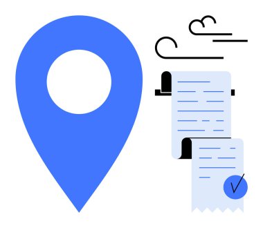 Üzerinde kontrol işareti olan bir makbuzun bitişiğindeki büyük mavi harita iğnesi konuma dayalı finansal faaliyetleri sembolize ediyor. Finans, gider takibi, ticaret, navigasyon ve teknoloji için idealdir. Düz vektör biçimi