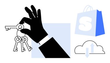 El ele tutuşan anahtarlar, S harfli bir alışveriş çantası ve oklu bir bulut simgesi. E-ticaret, bulut depolama, güvenlik, online alışveriş, perakende yönetimi için ideal. Mavi ile minimalist vektör biçimi