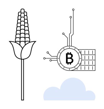 Bitcoin sembolünün yanında duran mısır bitkisi bir bulutun üstündeki devrelerle bağlantılı. Kripto para birimi, tarım teknolojisi, engelleme zinciri tarımı, dijital ekonomi ve sürdürülebilir yenilik için ideal