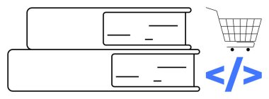 İki kapalı kitap yan yana istiflenmiş. Bir alışveriş arabası sembolü bir kodlama sembolünün yanında sağdadır. Eğitim teknolojisiyle ilgili kavramlar için ideal e-ticaret çevrimiçi öğrenme